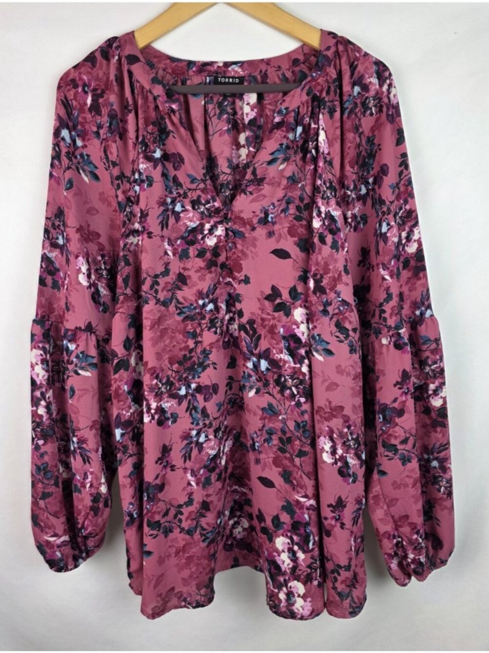 Torrid Women's Shirt Plus Size 2X Pink Floral Long Balloon Sleeve Top Blouse